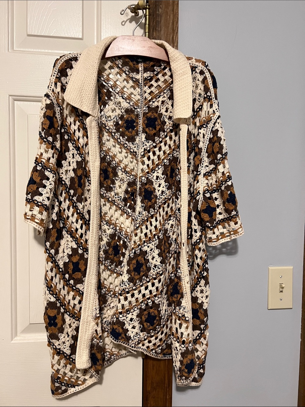 Crochet Open-Front Cardigan with Collar in Cream, Brown & Navy